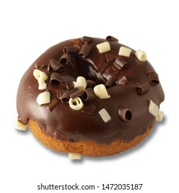 Plain Chocolate Iced Cake Donut Topped With Chocolate And White Chocolate Curls Isolated On A White Background      