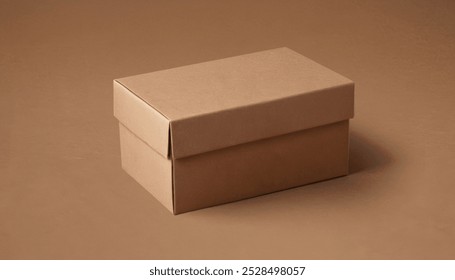 Plain, closed cardboard box resting on a brown surface. Premium photo mockup for elegant and clean cardboard box product.