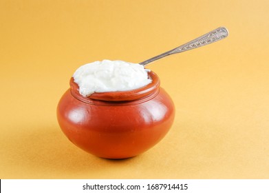 Plain Curd Or Yogurt Or Dahi With Spoon