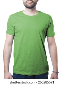 Plain Green Male Tshirt Template Isolated On White With Clipping Path For Background And Garment