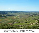 Plain landscape with cultivated fields seen from above in summer