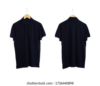 Plain Polo Shirt Black Color In Front And Back Side View On Wood Hanger. Isolated On White Background.