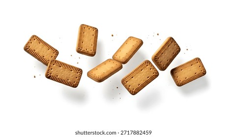 Plain rectangular biscuits shown flying in mid-air, photographed in top-view flat lay against a bright white background.