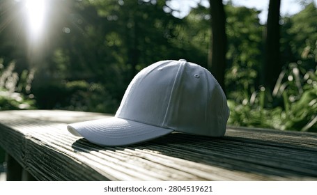 A plain white baseball cap is placed on a rustic wooden bench in a sunlit outdoor setting.
