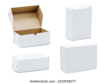 Plain white boxes shot from different angles in composition. One is open. Over white background. - Shutterstock ID 2233918577