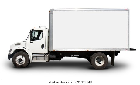 Plain white delivery truck with blank sides and blank cab, ready for custom text or logos