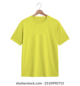 Plain yellow t-shirt hanging on wooden hanger. Suitable for mockups, branding presentations, fashion websites, and clothing product displays. - Powered by Shutterstock