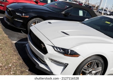 Plainfield - Circa February 2022: Ford Mustang display at a dealership. Ford offers the Mustang in a base model, GT, Mach 1 or Shelby GT500.