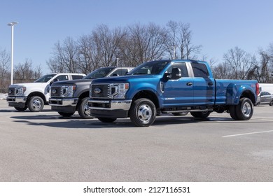 Plainfield - Circa February 2022: Ford F-350 display at a dealership. The Ford F350 is available in XL, XLT, Lariat, King Ranch, and Platinum models.
