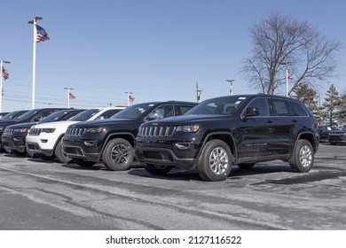 Plainfield - Circa February 2022: Jeep Grand Cherokee display at a Chrysler dealership. The Stellantis subsidiaries of FCA are Chrysler, Dodge, Jeep, and Ram.