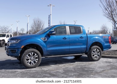 Plainfield - Circa February 2022: Used Ford Ranger pickup truck display. With supply issues, Ford is buying and selling many pre-owned cars to meet demand.
