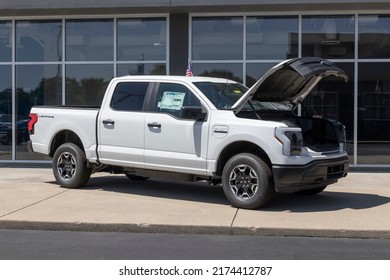Plainfield - Circa July 2022: Ford F-150 Lightning Frunk display. Ford offers the F150 Lightning all-electric truck in Pro, XLT, Lariat, and Platinum models.