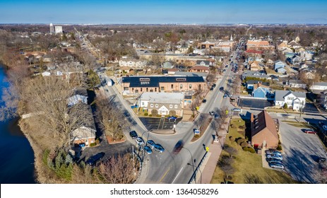 PLAINFIELD, IL, USA - MARCH 19, 2019: A drone / aerial view of Lockport Street in Downtown Plainfield, which features many small and locally owned businesses.