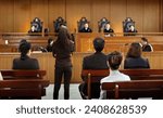 plaintiff or defendant talks to the judge in courtroom. The concept of legal adjustment Court of Justice and Legal Trial Speech to Judge Lawyer Lawyer Protects Client with Argument