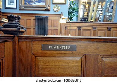 Plaintiff's Seat Within A Court Room, No People, Traditional Wooden Courtroom