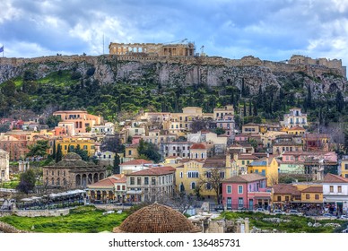 Plaka Area And Acropolis In Athens,Greece