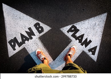 Plan A and Plan B dilemma concept with man legs from above standing on signs