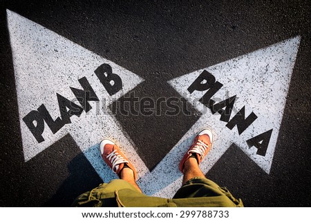 Plan A and Plan B dilemma concept with man legs from above standing on signs Stock fotó © 