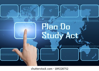 Plan Do Study Act concept with interface and world map on blue background