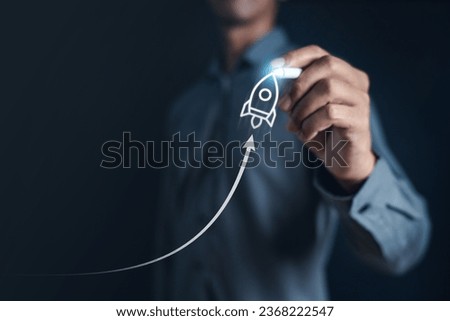 plan, document, report, goal, progress, rocket, target, investment, management, solution. close up to hand to drawing line growth of plan and progress via pen. then last point has rocket to fly up.