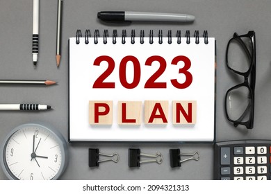 PLAN text with 2023, wooden building blocks on table background. Risk Management, Resolution, strategy, solution, goal, New Year New You and happy holiday concepts - Shutterstock ID 2094321313