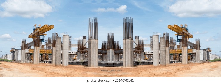 Plan for Thai - Concrete bridge pillars of the bridge in China -High-speed rail infrastructure construct concepts, Construction of mass transit train line in progress with heavy infrastructure, Mirror - Powered by Shutterstock