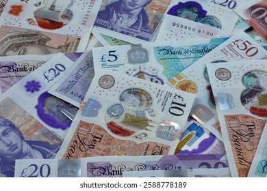 A plan view of pound sterling bank notes.