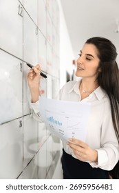 Plan and visualization. Smiling successful young businesswoman project manager strategist review statistics in printed team reports translate data into visual tasks take marker notes on calendar board