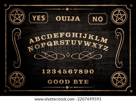 Planchette of Ouija Board on wooden texture. Poster with game of ghosts. Halloween play with calling souls and demons. Party poster. Graphic, typography, alphabet, letters, numbers.