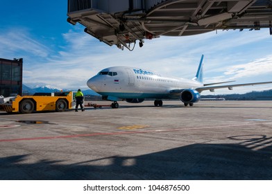 The Plane Of Airline Pobeda . Pushing To The Taxiway. Sochi International Airport. Russia. January 2018.