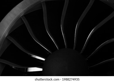 Plane Background. Airplane Turbine Blades Close-up. Airplane Engine. Turbines Blade. Aviation Technologies. Aircraft Jet Black Detail During Maintenance. Macro.