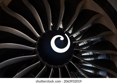 Plane Background. Airplane Turbine Blades Close-up. Airplane Engine. Turbines Blade. Aviation Technologies. Aircraft Jet Black Detail During Maintenance.