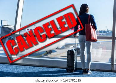 Plane Business Travel And Flight Canceled Because Of Coronavirus Travel Ban. Crisis In Aviation, Airline And Industry Due To Corona Virus Covid-19 Or Other. Canceled Red Stamp Text On Plane In Airport