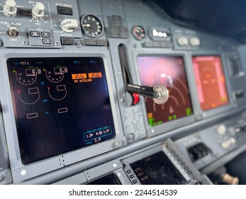 Plane Cockpit Boeing 737. Close Up Landing Gear And Screens - Shutterstock ID 2244514539