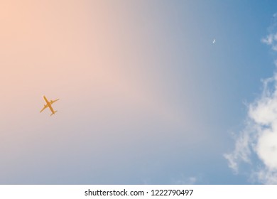 The plane flies in the clouds