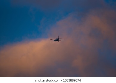 The plane flies in the clouds at sunset