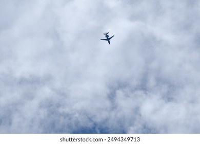 Plane flying in the clouds in summer
