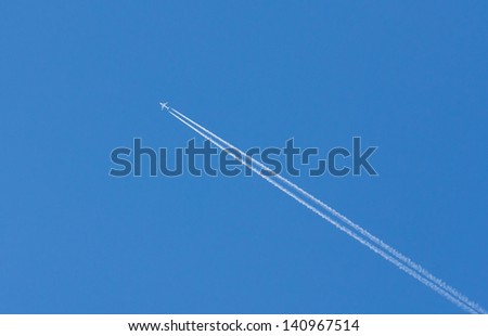 plane is flying on a blue sky