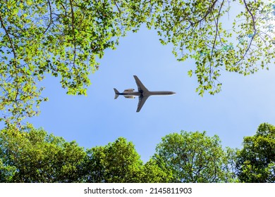 A Plane Flying Over A Forest Treetops,