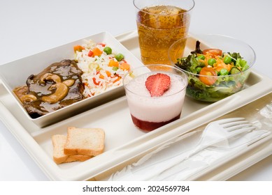 Plane Food Tray With Meat Meal, Salad, Guarana And Dessert