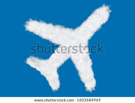 Plane icon shape made of clouds on blue