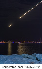 Plane Light Trails Over Bosporus In Istanbul