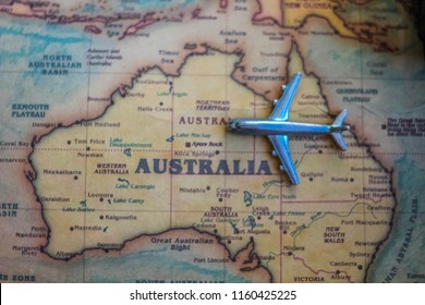 Plane Model On Australia Part Of World Map. Flights/ Travel In Australia Concept.