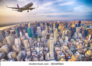 Plane over Manhattan, NYC.