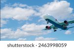 The plane in the sky goes to the landing on runway against a white fluffy clouds in sunny day.Overhead view.