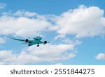 The plane in the sky goes to the landing on runway against a white fluffy clouds in sunny day.Overhead view.
