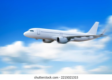 Plane In The Sky, Passenger Commercial Plane Flying Above The Clouds ,concept Of Fast Travel, Vacation And Business.