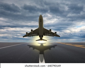 Plane Taking Off From Airport Runways With Cloud Sky Background