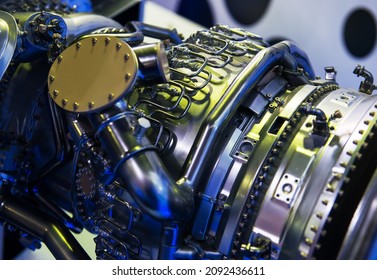 Plane Turbine Engine Mechanism Closeup. Working Section.