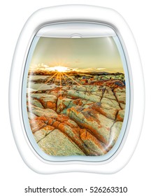 Plane Window On Bay Of Fires, East Coast Of Tasmania In Australia, From A Plane Through The Porthole. Copy Space.